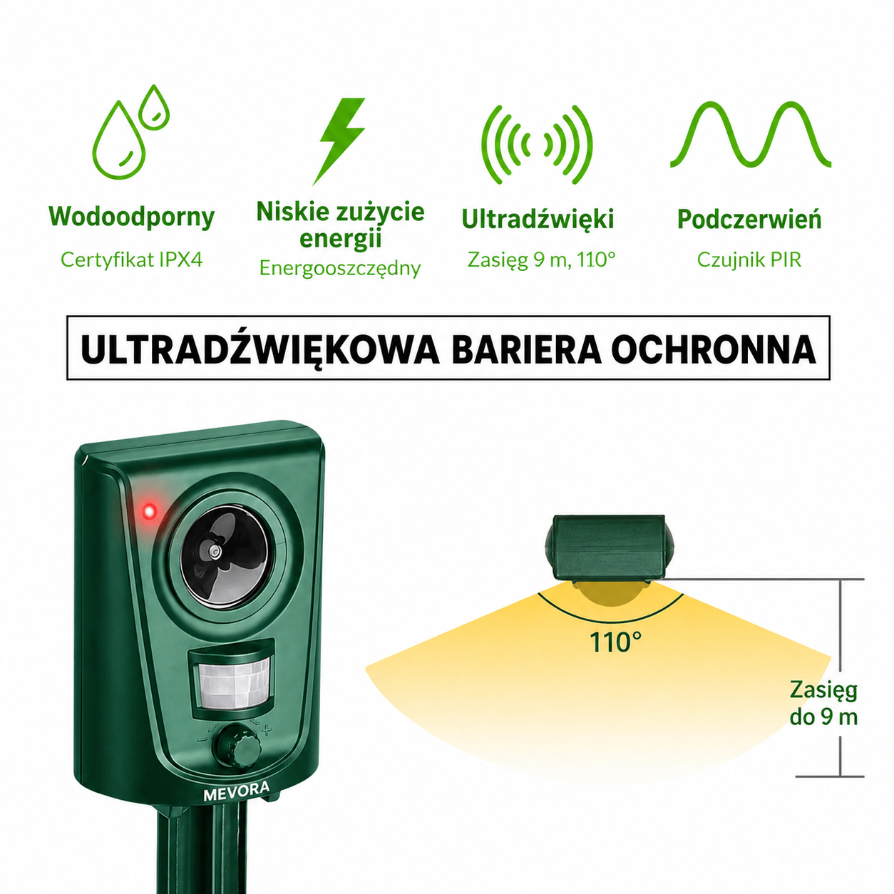 ZeroKot® Ultradźwiękowy odstraszacz kotów Mevora – do użytku zewnętrznego